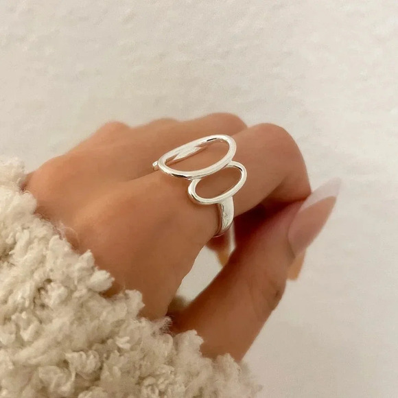 925 Sterling Silver Chunky Ring Oval Round Geometric Minimalist Ring - Picture 7 of 7